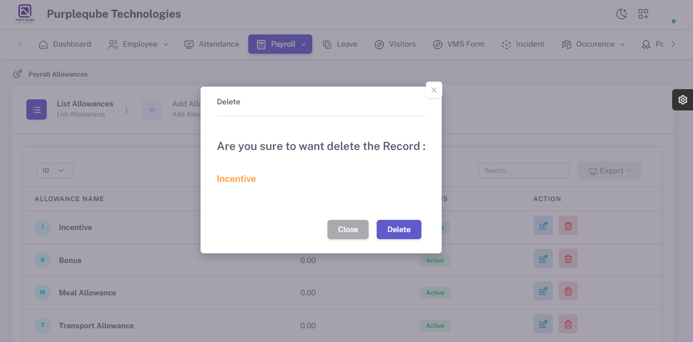 Delete confirmation dialog asking Are you sure to want delete the Record with allowance name Incentive highlighted in orange